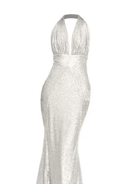 Halter V-Neck White Sequin Prom Gown